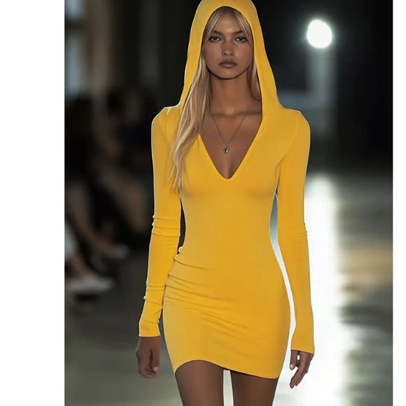 Dresses & Skirts - Women's Yellow V Neck Long Sleeve Hooded Mini Dress‎ XXL